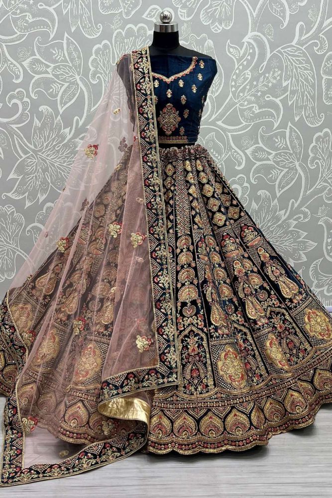 Morpeach Bridal Lehenga Choli Online Designer Velvet Lehenga Choli with Peach Dupatta UK LC6357