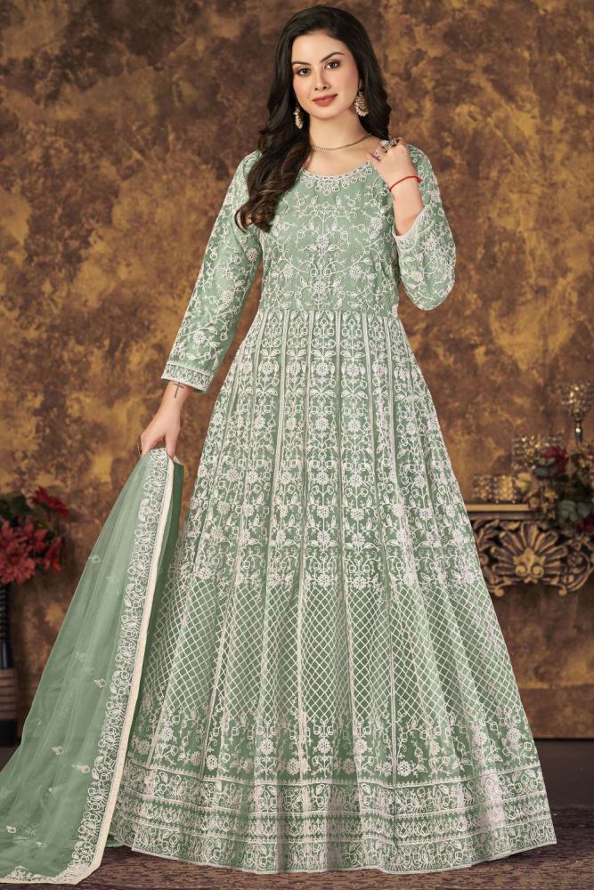 Green Anarkali kurti Online Designer Net Anarkali kurti with Green Dupatta UK AS3369