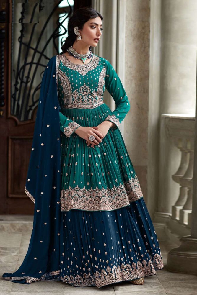 Rama Eid Lehenga Suit Online Designer Georgette Lehenga Choli with navy Blue Dupatta UK LS033