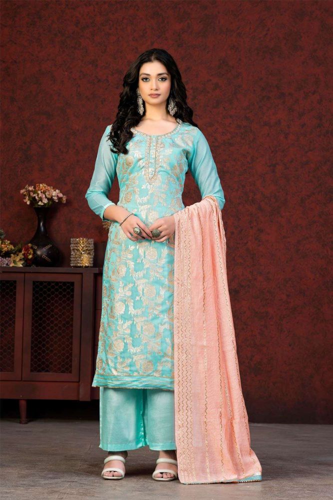 Blue Cotton Weaving Salwar Kameez with Dupatta