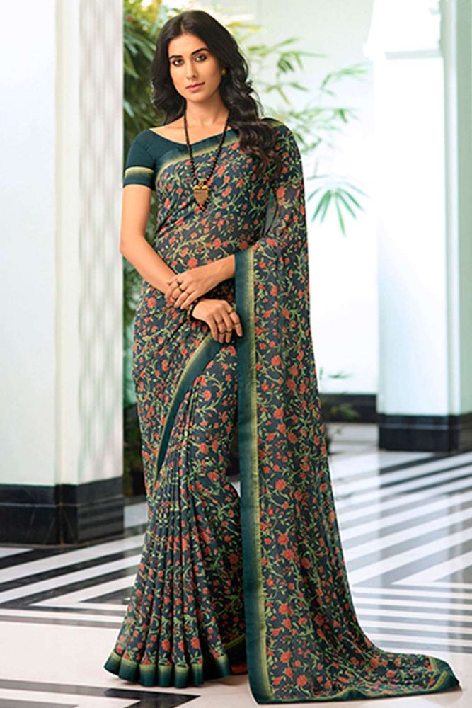 Georgette Saree in Grey with Printed lace border