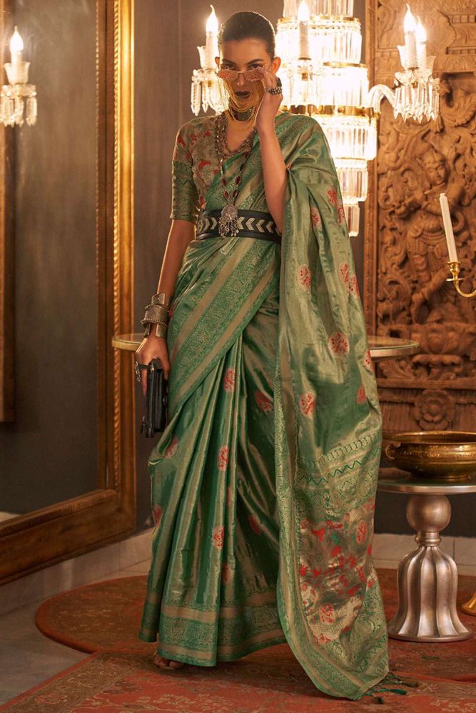 Green Saree Online Designer Handloom silk saree with Handloom silk Blouse at Shopkund UK SR24598