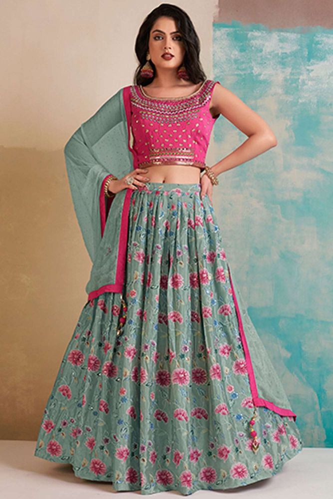 Blue Lehenga Choli Online Designer Chinon Chiffon Lehenga Choli with Blue Dupatta UK LC6893