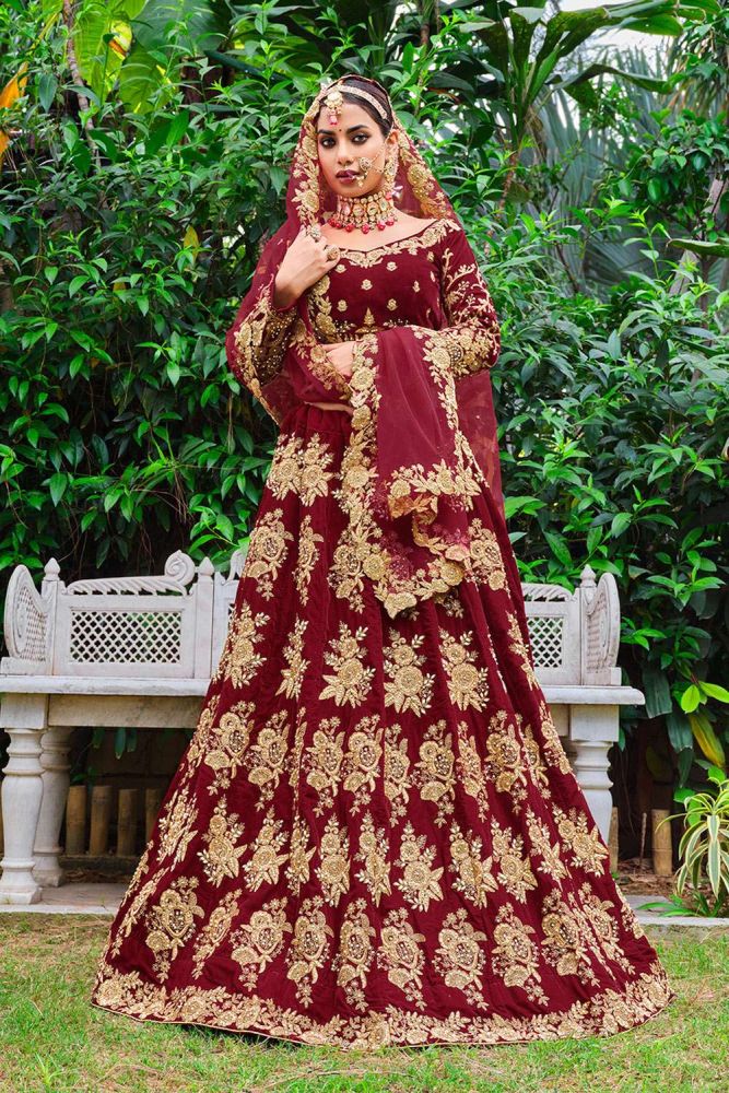 Maroon Wedding Lehenga Choli Online Designer Velvet Lehenga Choli with Maroon Dupatta UK LC6904