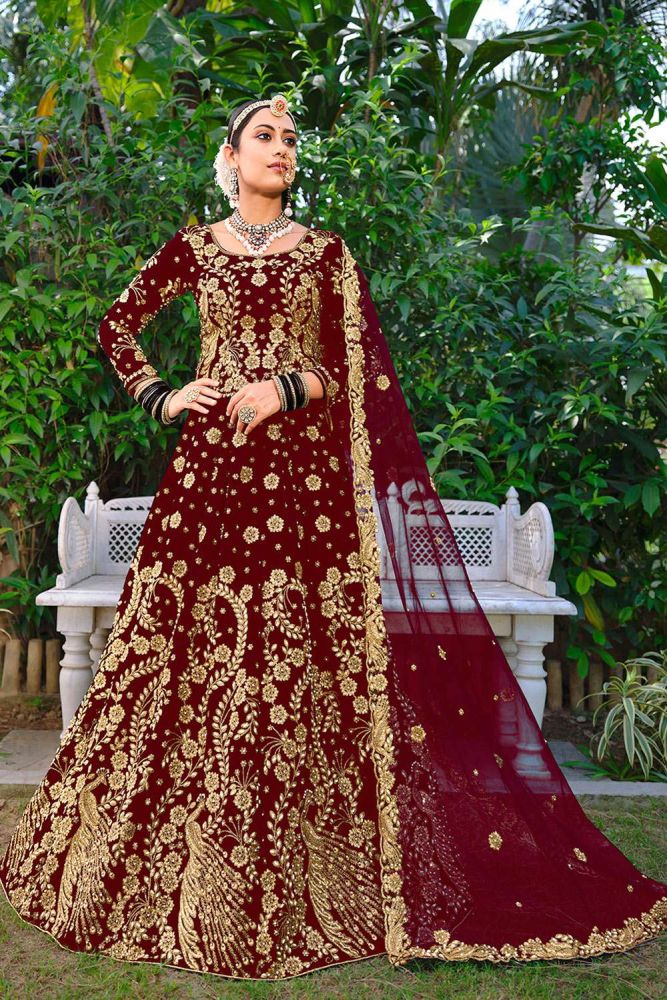 Maroon Wedding Lehenga Choli Online Designer Velvet Lehenga Choli with Maroon Dupatta UK LC6907