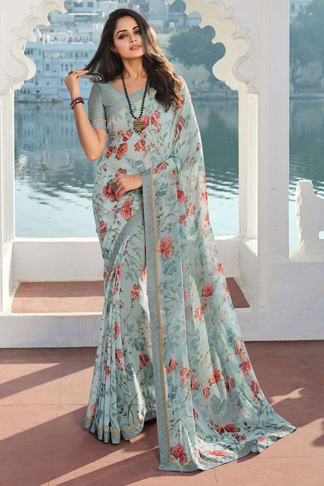 Printed lace border Georgette Saree in Grey