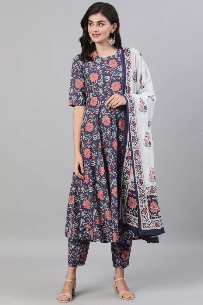 Cotton anarkali suit with printed in blue UK AS3704