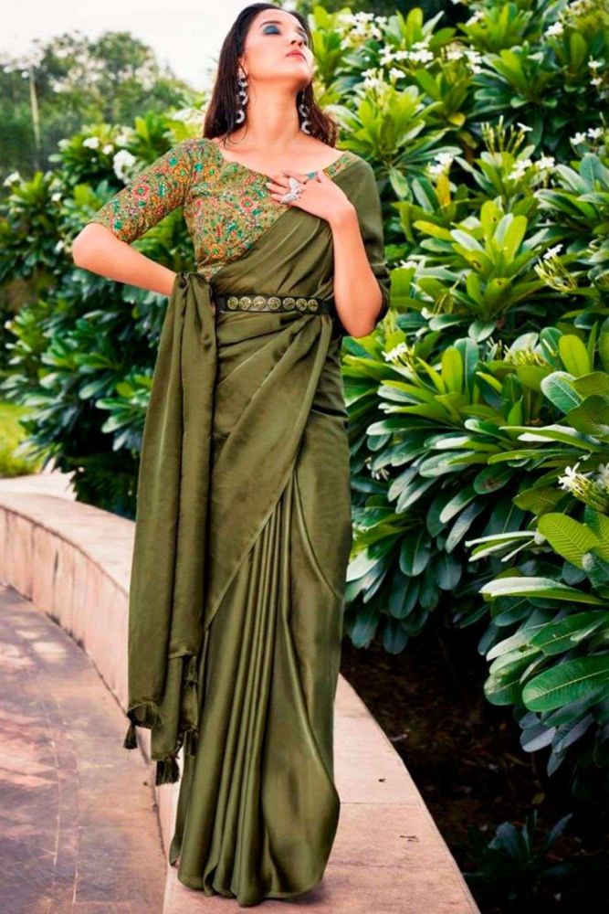 Mehndi green Plain Silk Saree