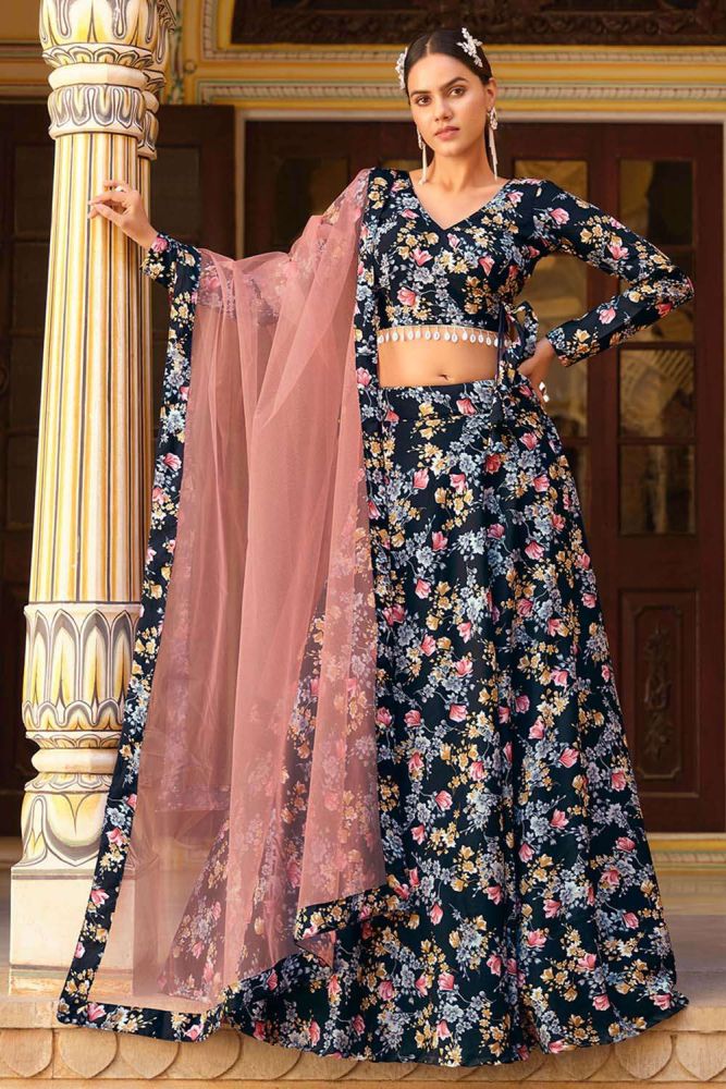 Printed Silk Lehenga Choli in Blue