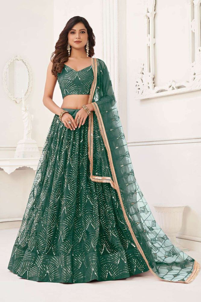 Green Lehenga Choli Online Designer Net Lehenga Choli with Green Dupatta UK LC7652