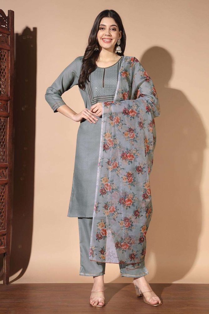 Printed Cotton Straight Pant Suit Grey