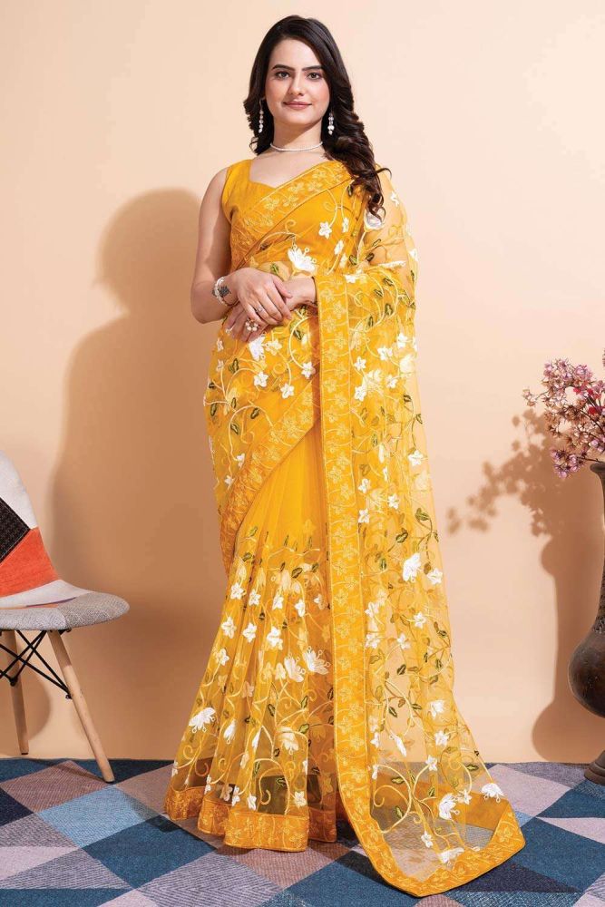 Plain yellow saree with designer blouse best sale