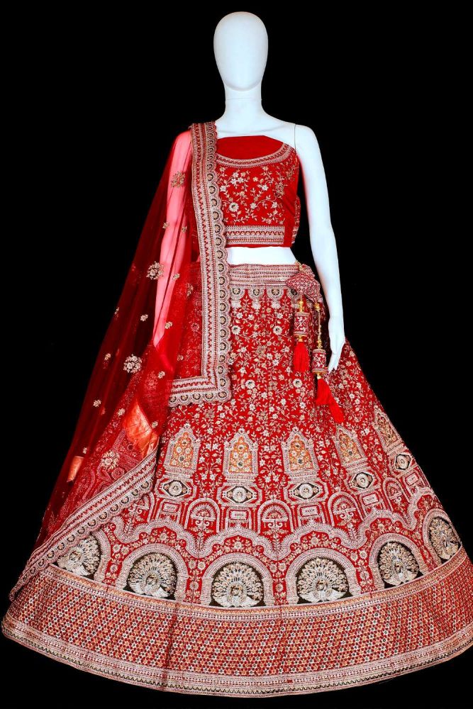 Red Wedding Lehenga Choli in Velvet with Embroidered