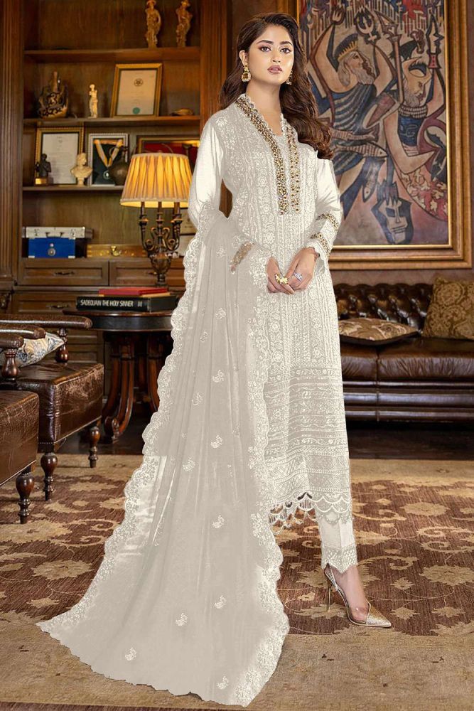 Faux georgette Pakistani Suit with Embroidered in White