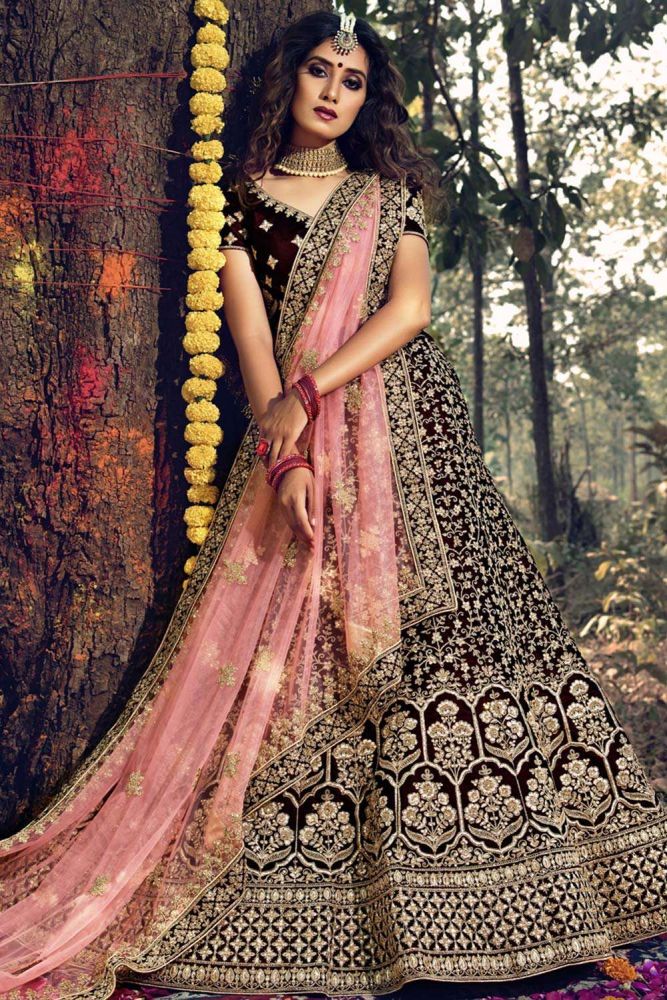 Dark maroon Bridal Lehenga Choli Online Designer Velvet Lehenga Choli with Baby Pink Dupatta LC2857