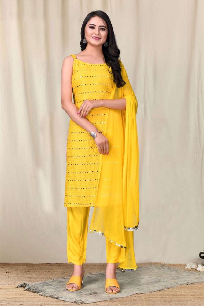 Yellow Salwar Kameez in Embroidered Rayon