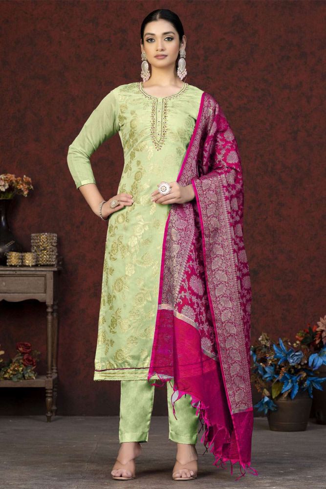 Pista Salwar kameez Online Designer Banarasi silk Salwar kameez with Magenta Dupatta UK SK153309
