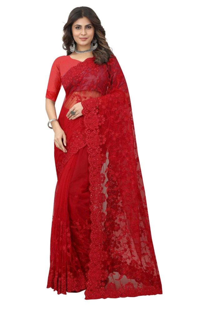 Red Wedding Saree Online Designer Net saree with Net Blouse at Shopkund UK SR25022