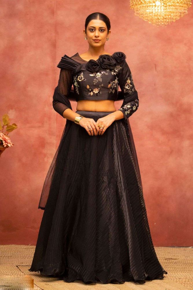 Black Party Lehenga Choli with Embroidered Silk