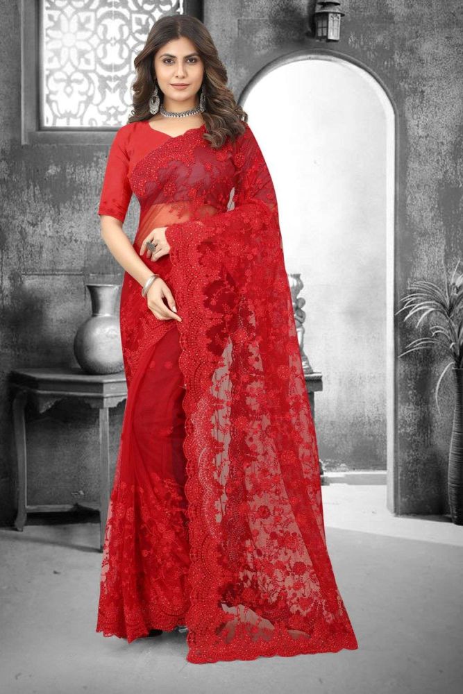 Red Wedding Saree Online Designer Net saree with Net Blouse at Shopkund UK SR25122