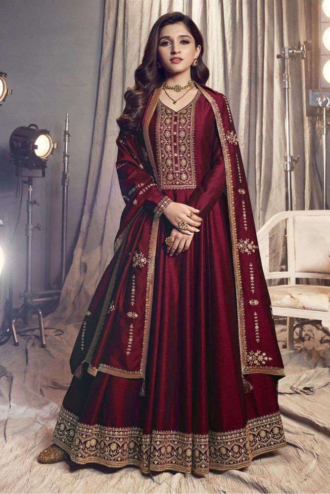 Maroon Anarkali suit Online Designer Art silk Anarkali suit with Maroon Dupatta UK AS3673