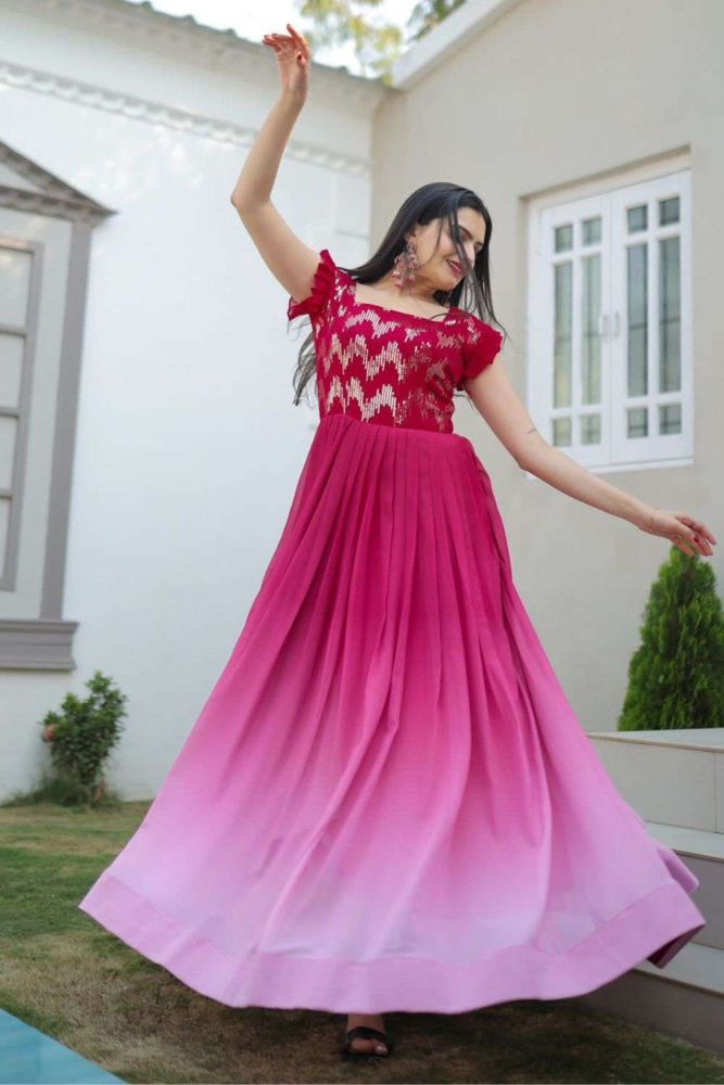 Pink Gown Dress in Batik with Embroidered