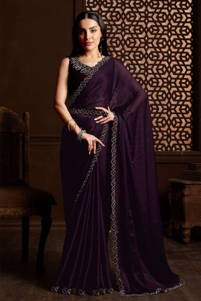 Wine Wedding Saree in Stone Silk