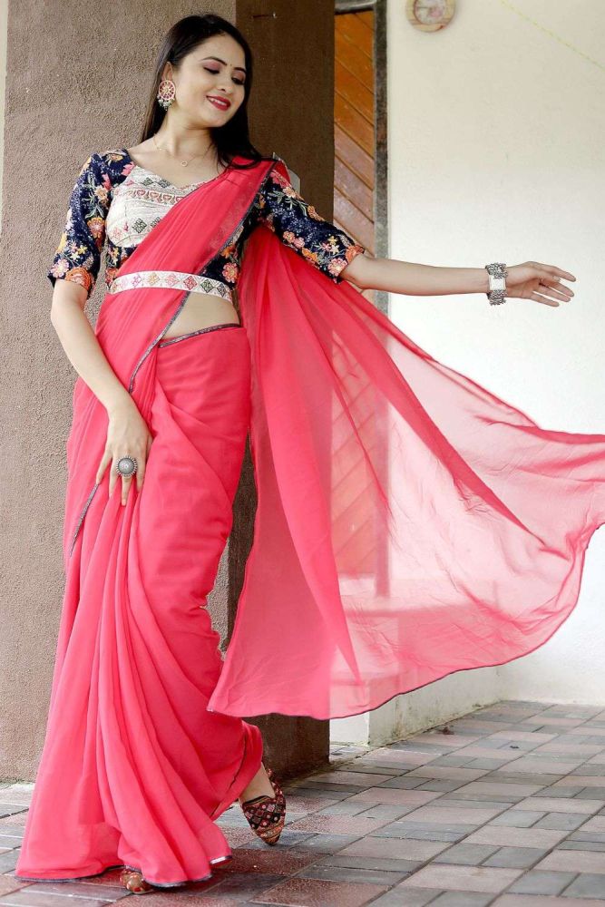 Plain pink saree with designer blouse clearance