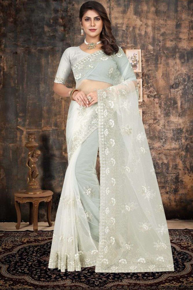 Net Saree with Resham embroidered in Off white