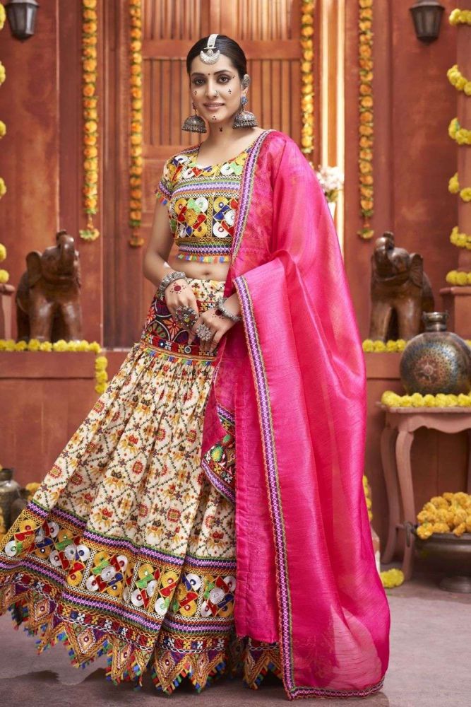 Cream Navratri Lehenga Choli in Mirror Cotton