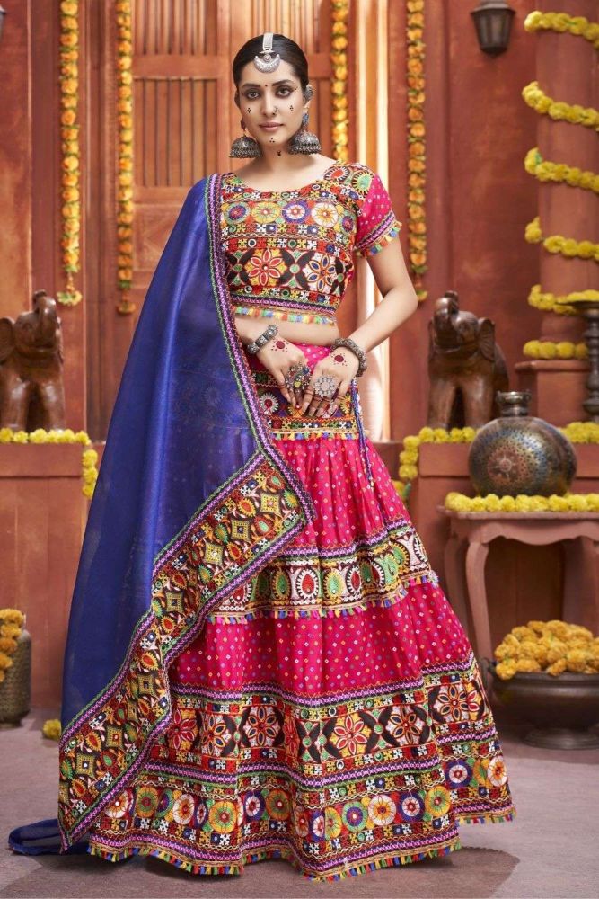 Mirror Navratri Lehenga Choli in Magenta Cotton