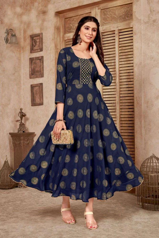 Printed Georgette Gown Dress in Blue