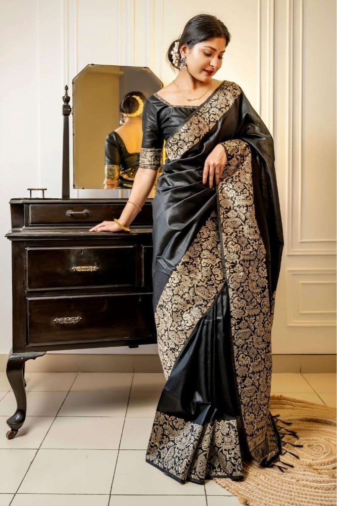 Black Saree in Raw silk with Weaving