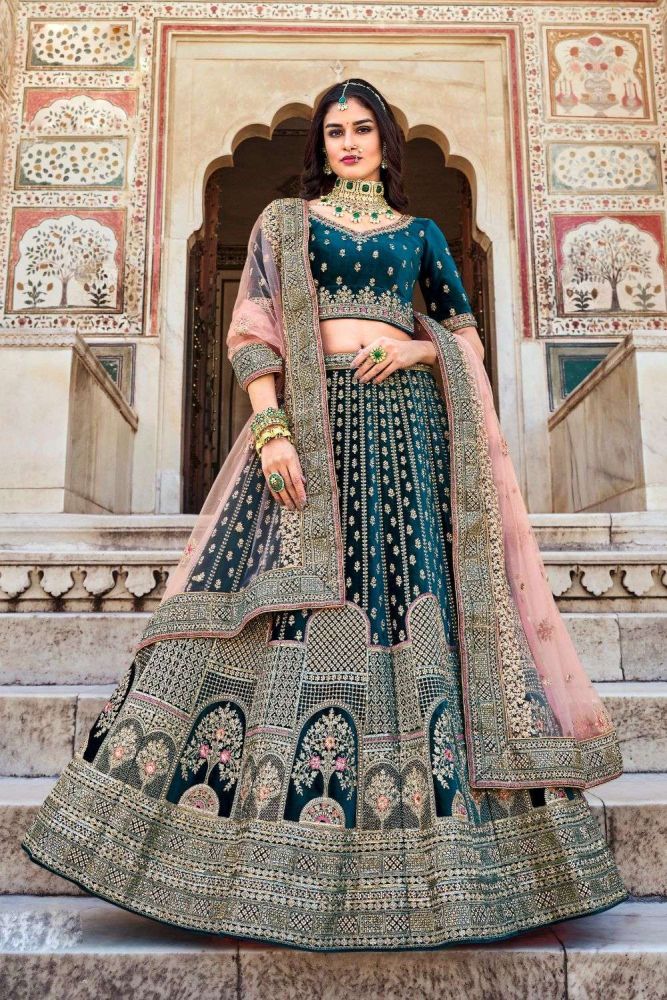 Teal Bridal Lehenga Choli Online Designer Velvet Lehenga Choli with teal Dupatta UK LC7383