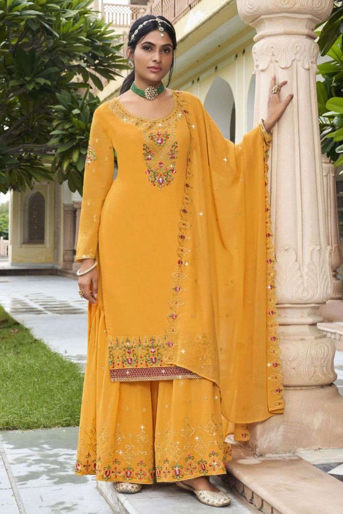 yellow Sharara Suit georgette with Embroidered