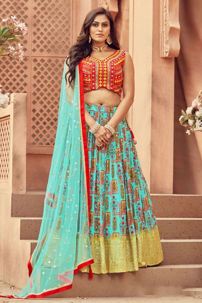 Georgette Printed Sky Wedding Lehenga Choli with Dupatta
