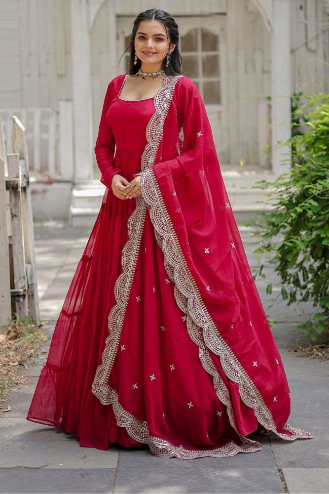 Faux georgette Gown Dress in Magenta pink with Plain