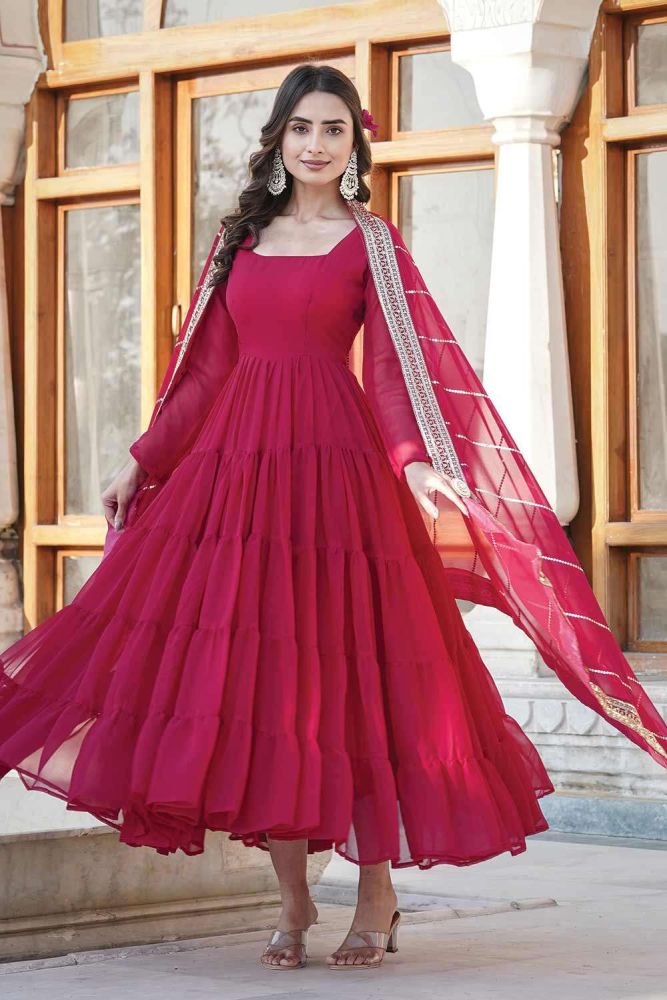 Rani pink Gown Dress with Embroidered Faux georgette