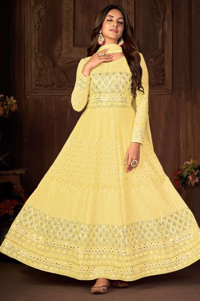 Yellow Anarkali suit Online Designer Faux georgette Anarkali suit with Yellow Dupatta UK AS3402