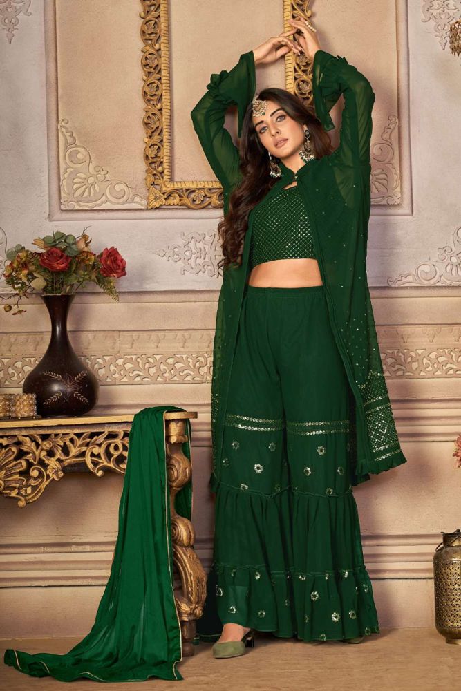 Green Sharara suit Online Designer Faux georgette Sharara suit with Green Dupatta UK SS0938