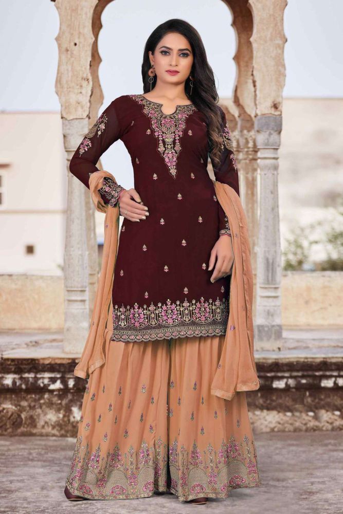 Brown Eid sharara suit Online Designer Faux georgette Eid sharara suit with Peach Dupatta UK SS0951