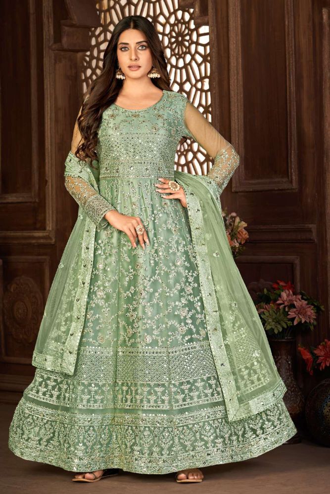 Green Anarkali suit Online Designer Net Anarkali suit with Green Dupatta UK AS3444