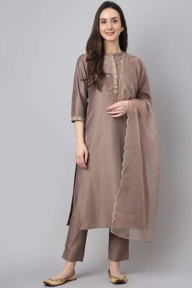 Plain Chiffon Straight Suit in Brown with Dupatta