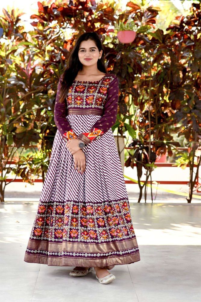 Printed Silk Wine Gown Dress with Dupatta