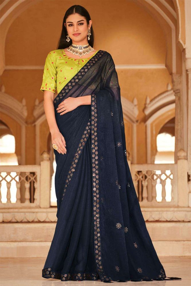 Yellow saree with navy blue blouse cheap