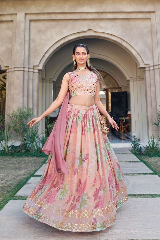 Printed Georgette Wedding Lehenga Choli in Pink with Dupatta