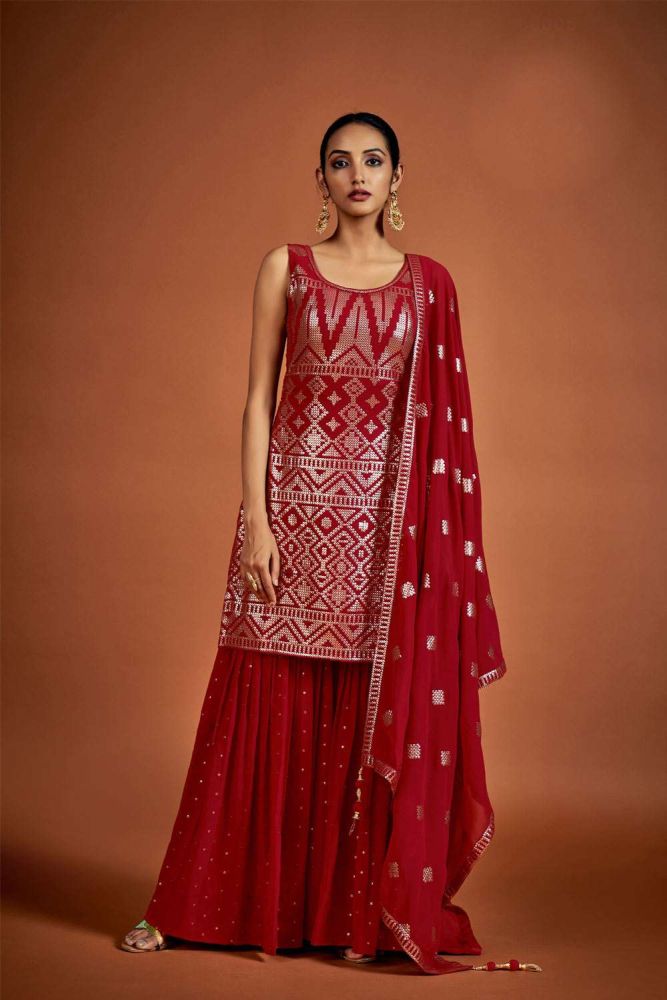 Red Sequins Georgette Sharara Suit
