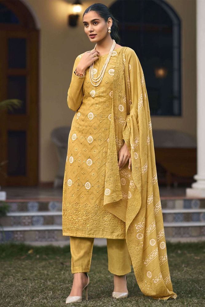 Yellow Salwar Kameez with Printed Cotton