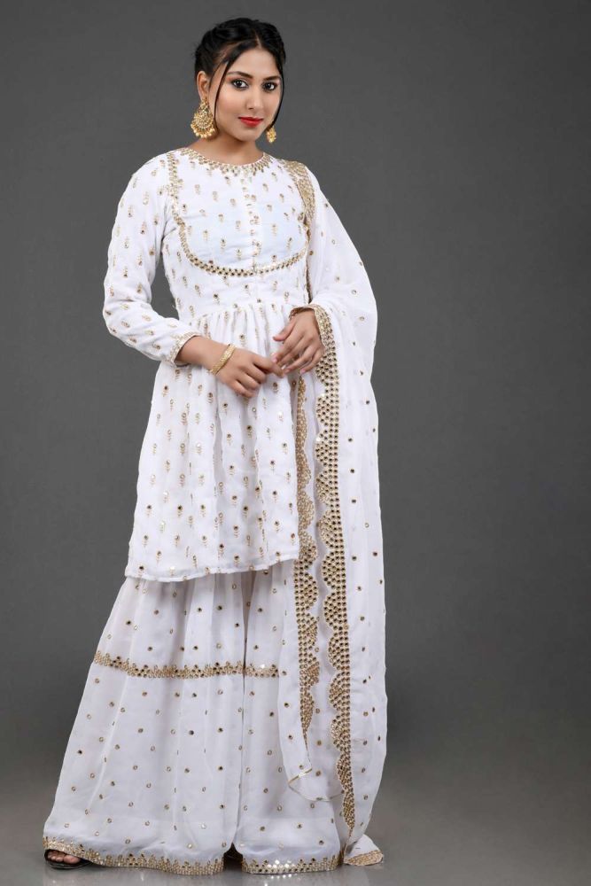 White Eid sharara suit Online Designer Georgette Eid sharara suit with White Dupatta UK UDSS001